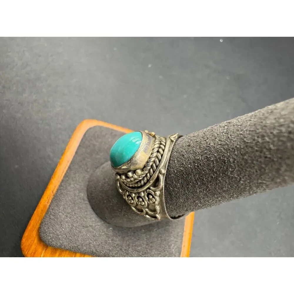 Vtg Southwestern 925 Sterling Silver Oval Turquoise Ring Filigree Rope Sz 9